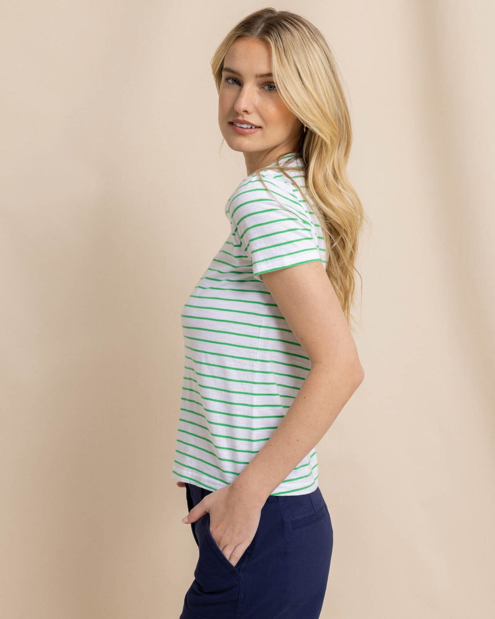 The front view of the Southern Tide Sun Farer Stripe Crew Neck T-Shirt by Southern Tide - Lawn Green