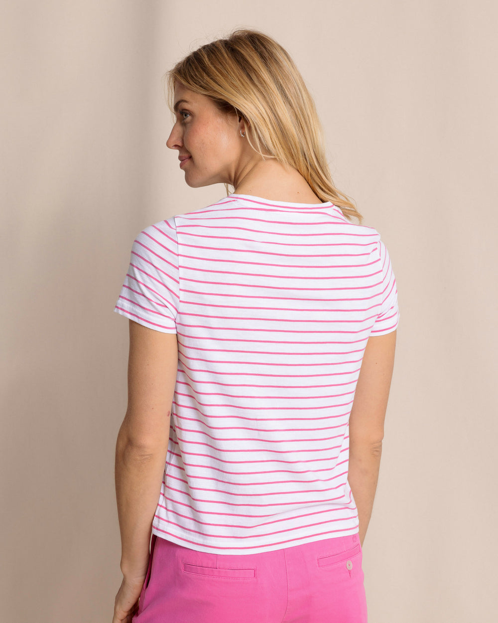 The back view of the Southern Tide Sun Farer Stripe Crew Neck T-Shirt by Southern Tide - Very Berry