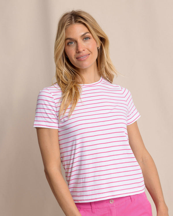 The front view of the Southern Tide Sun Farer Stripe Crew Neck T-Shirt by Southern Tide - Very Berry