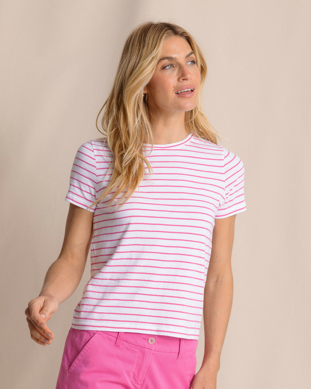 The front view of the Southern Tide Sun Farer Stripe Crew Neck T-Shirt by Southern Tide - Very Berry