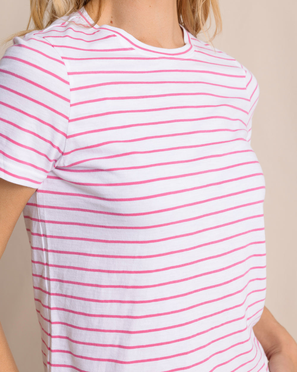 The front detail view of the Southern Tide Sun Farer Stripe Crew Neck T-Shirt by Southern Tide - Very Berry