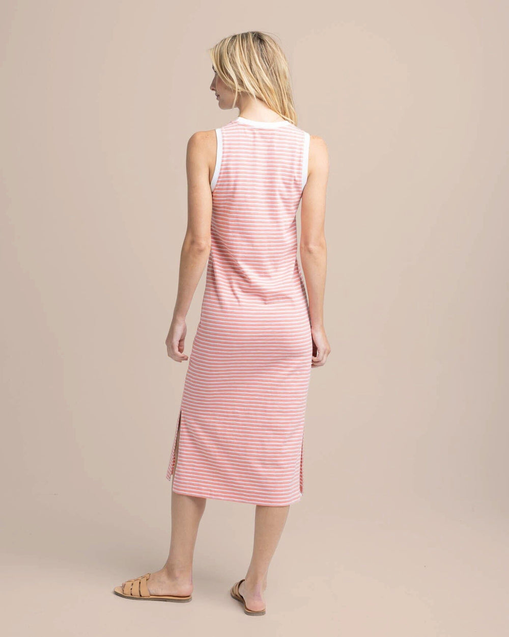 The back view of the Southern Tide Sun Farer Stripe Midi Tank Dress by Southern Tide - Conch Shell