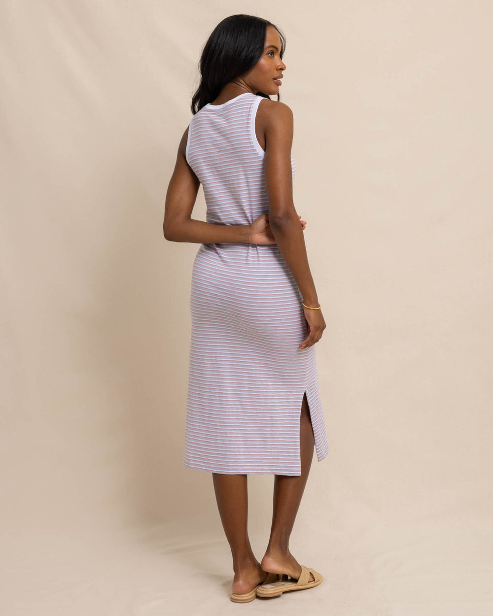 The back view of the Southern Tide Sun Farer Stripe Midi Tank Dress by Southern Tide - Subdued Blue