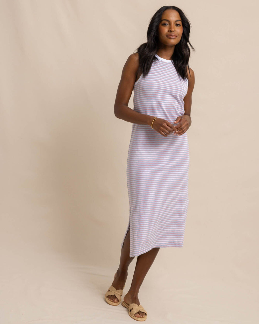 The front view of the Southern Tide Sun Farer Stripe Midi Tank Dress by Southern Tide - Subdued Blue