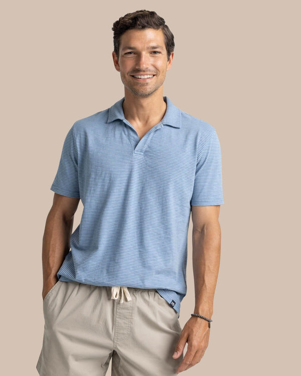 The front view of the Southern Tide Sun Farer Summertree Stripe Polo by Southern Tide - Coronet Blue