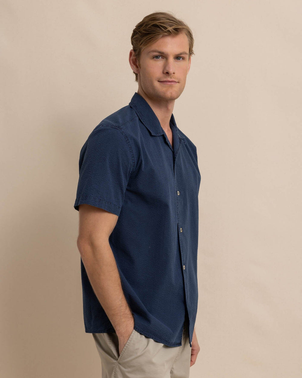 The front view of the Southern Tide Sun Washed Seerscuker Camp Short Sleeve Sport Shirt by Southern Tide - Dress Blue
