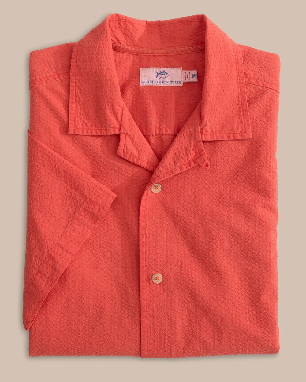 The front view of the Southern Tide Sun Washed Seerscuker Camp Short Sleeve Sport Shirt by Southern Tide - Paprika Red