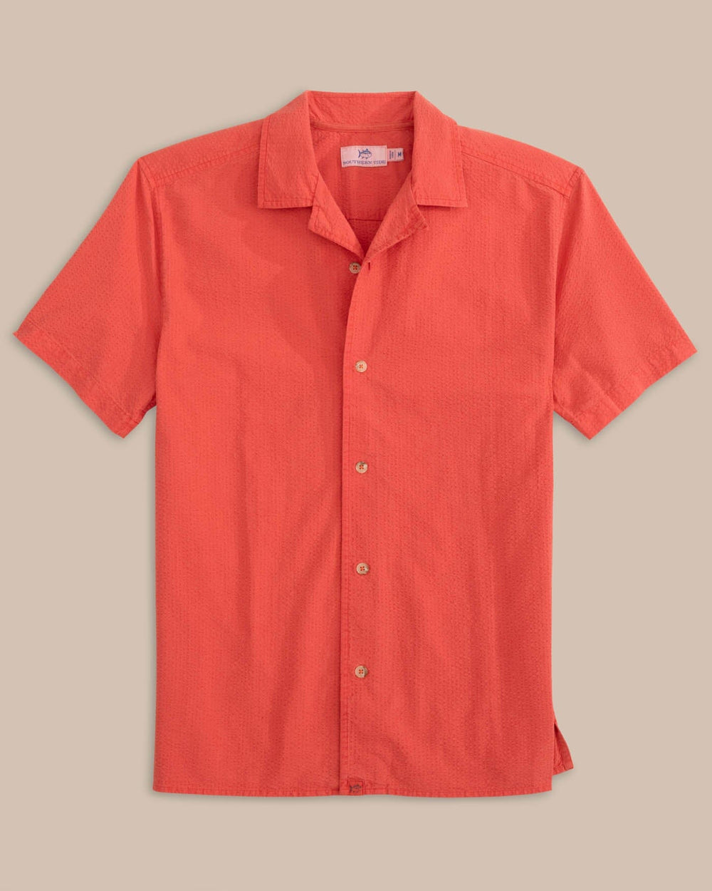 The front view of the Southern Tide Sun Washed Seerscuker Camp Short Sleeve Sport Shirt by Southern Tide - Paprika Red