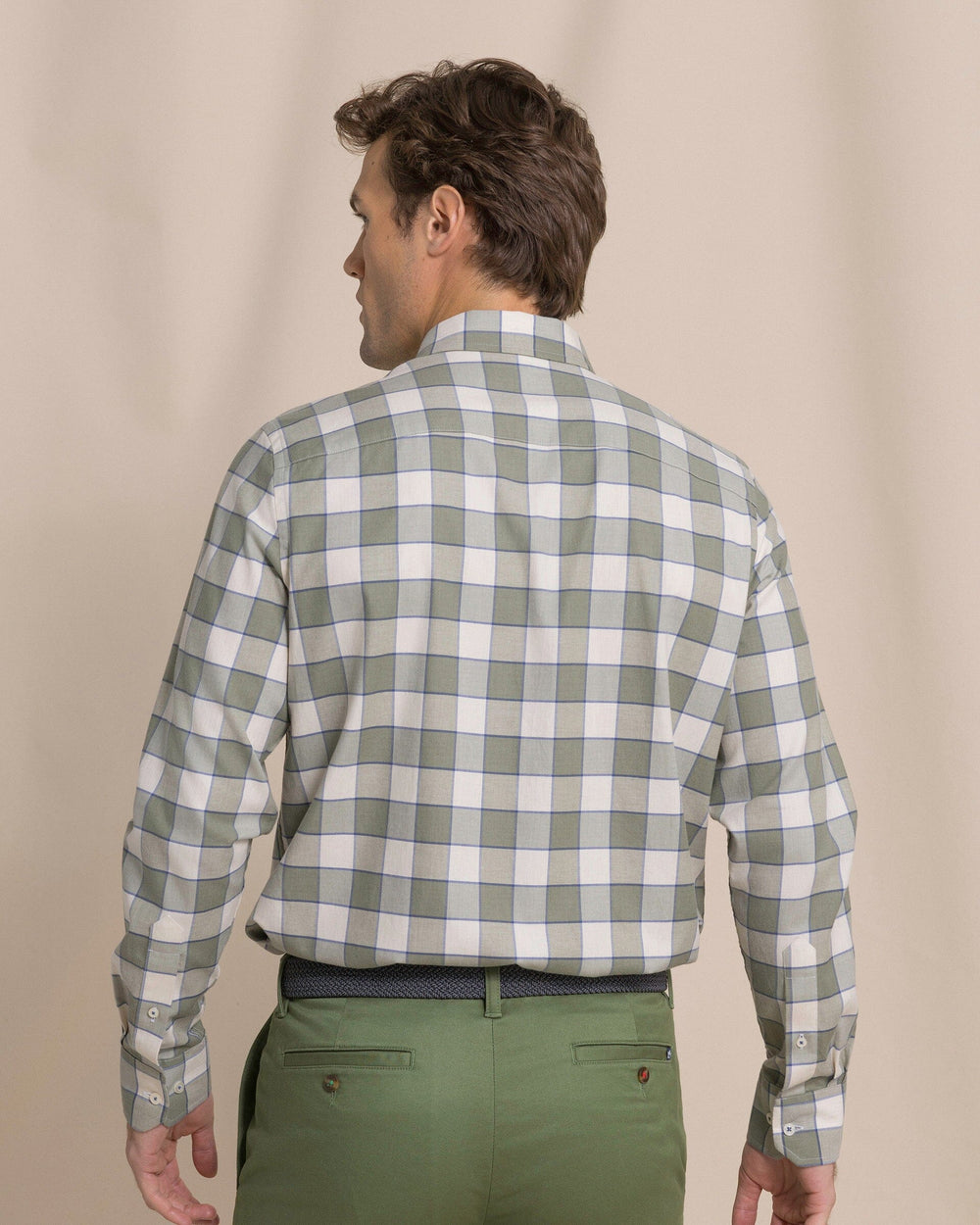 The back view of the Southern Tide Sunny Cove Skipjack Sport Shirt by Southern Tide - Heather Cedar Green