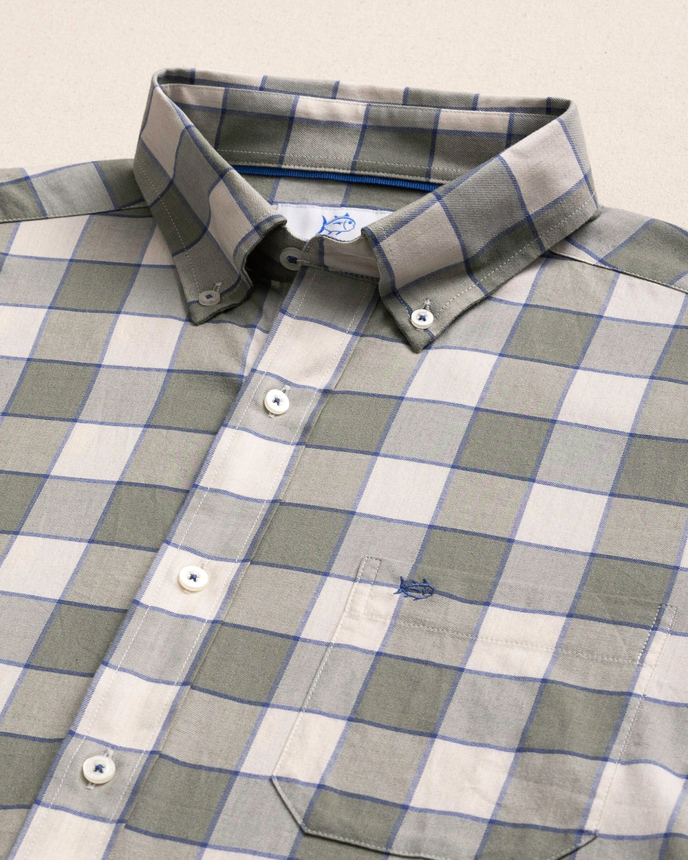 The detail view of the Southern Tide Sunny Cove Skipjack Sport Shirt by Southern Tide - Heather Cedar Green