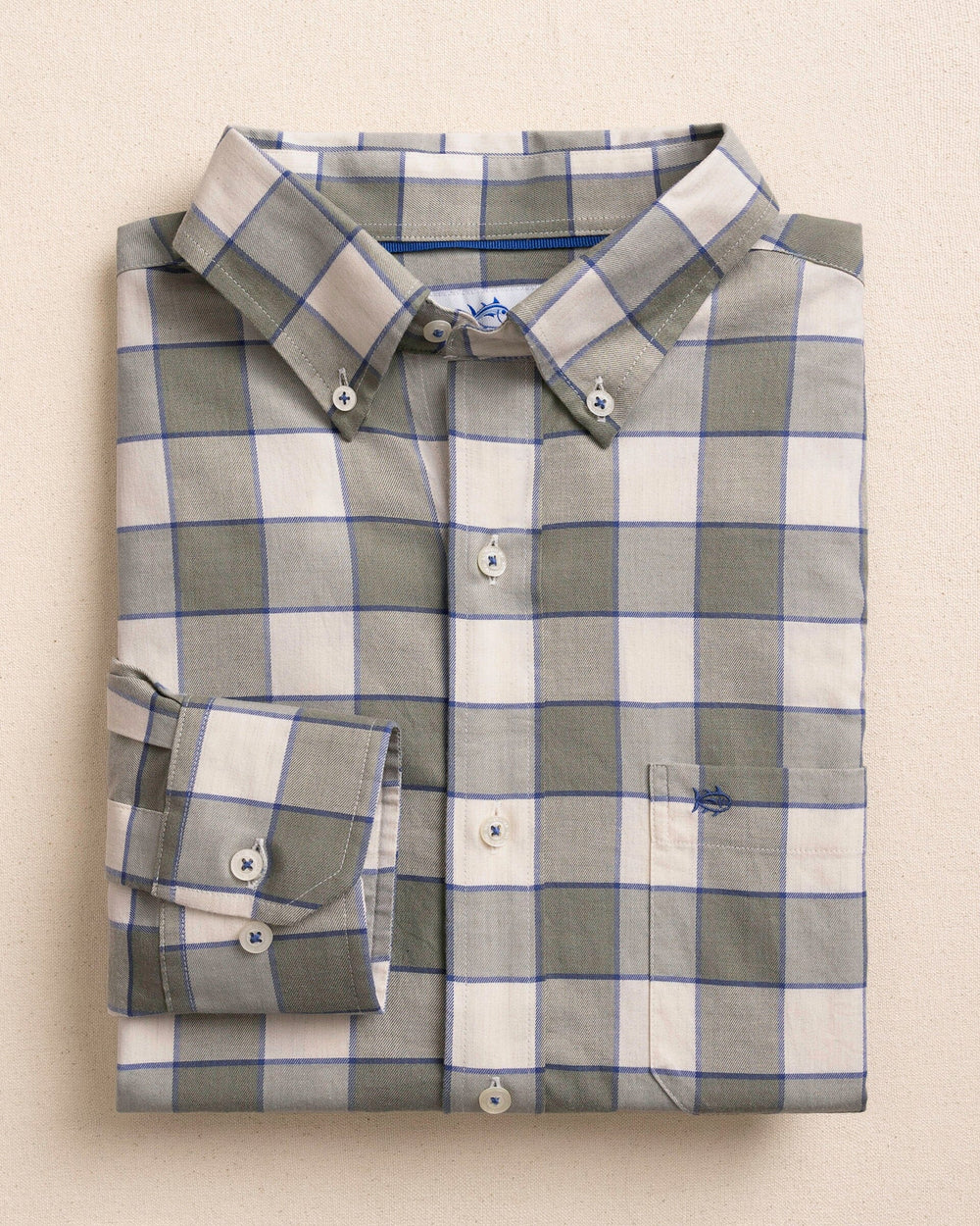The front view of the Southern Tide Sunny Cove Skipjack Sport Shirt by Southern Tide - Heather Cedar Green