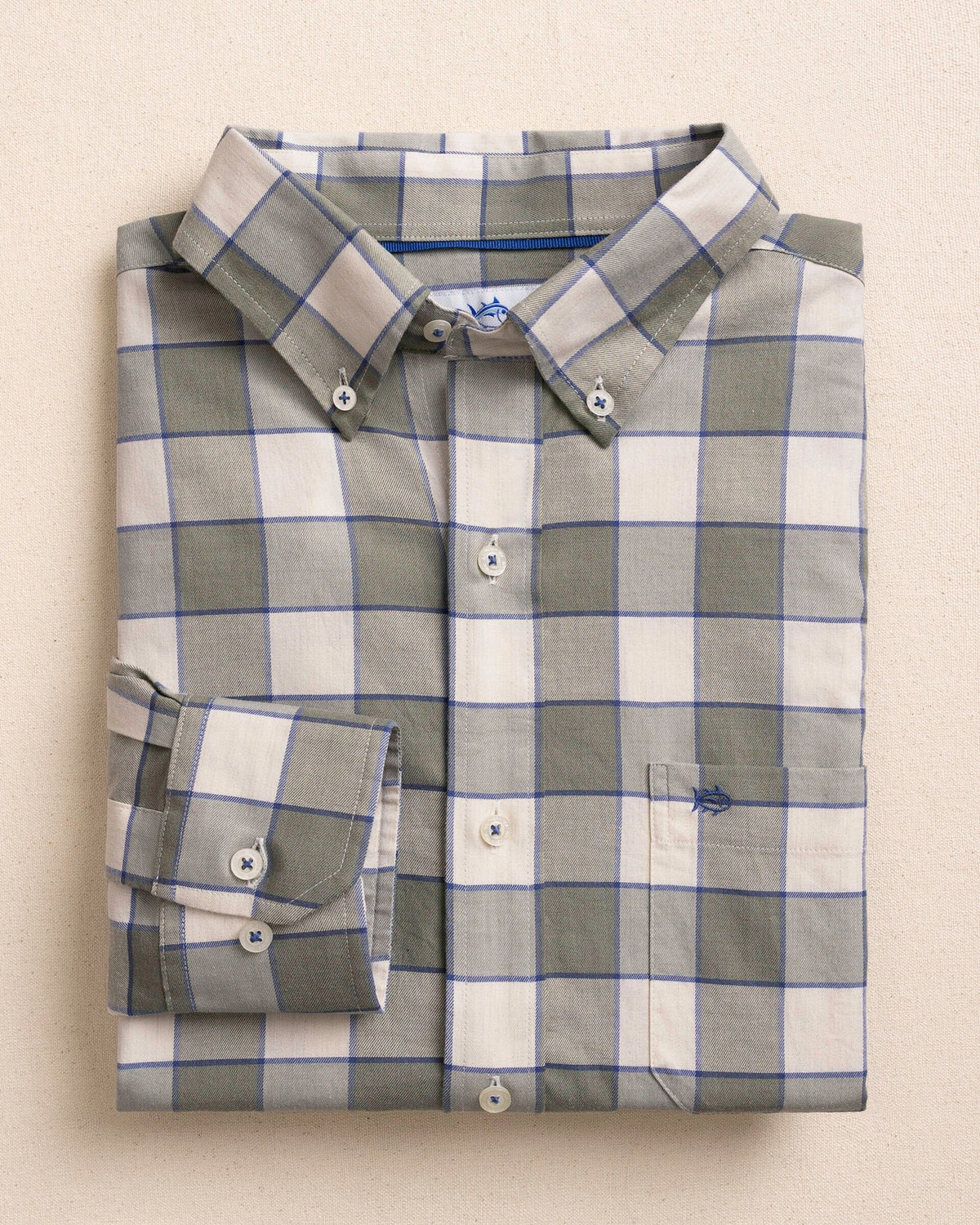 The front view of the Southern Tide Sunny Cove Skipjack Sport Shirt by Southern Tide - Heather Cedar Green
