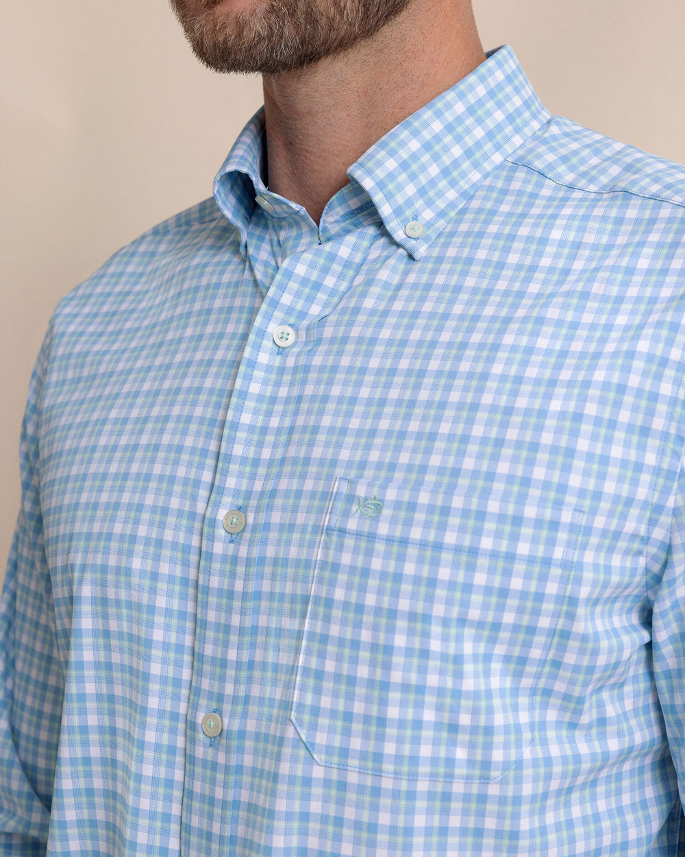 The detail view of the Southern Tide Sunset Harbor brrr°® Intercoastal Sport Shirt by Southern Tide - Garden Grove