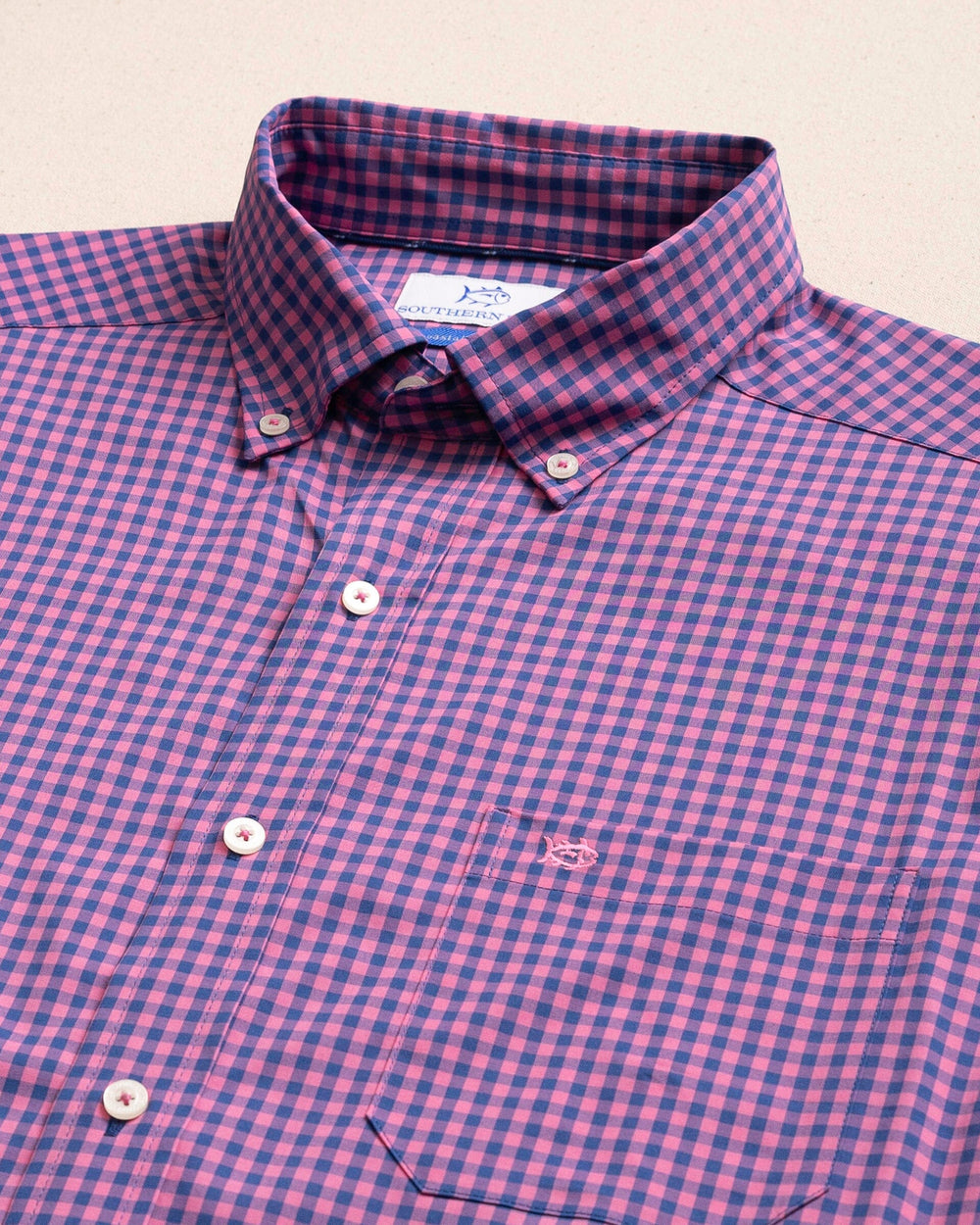 The detail view of the Southern Tide Sunset Key Coastal Breeze® Sport Shirt by Southern Tide - Azalea Pink