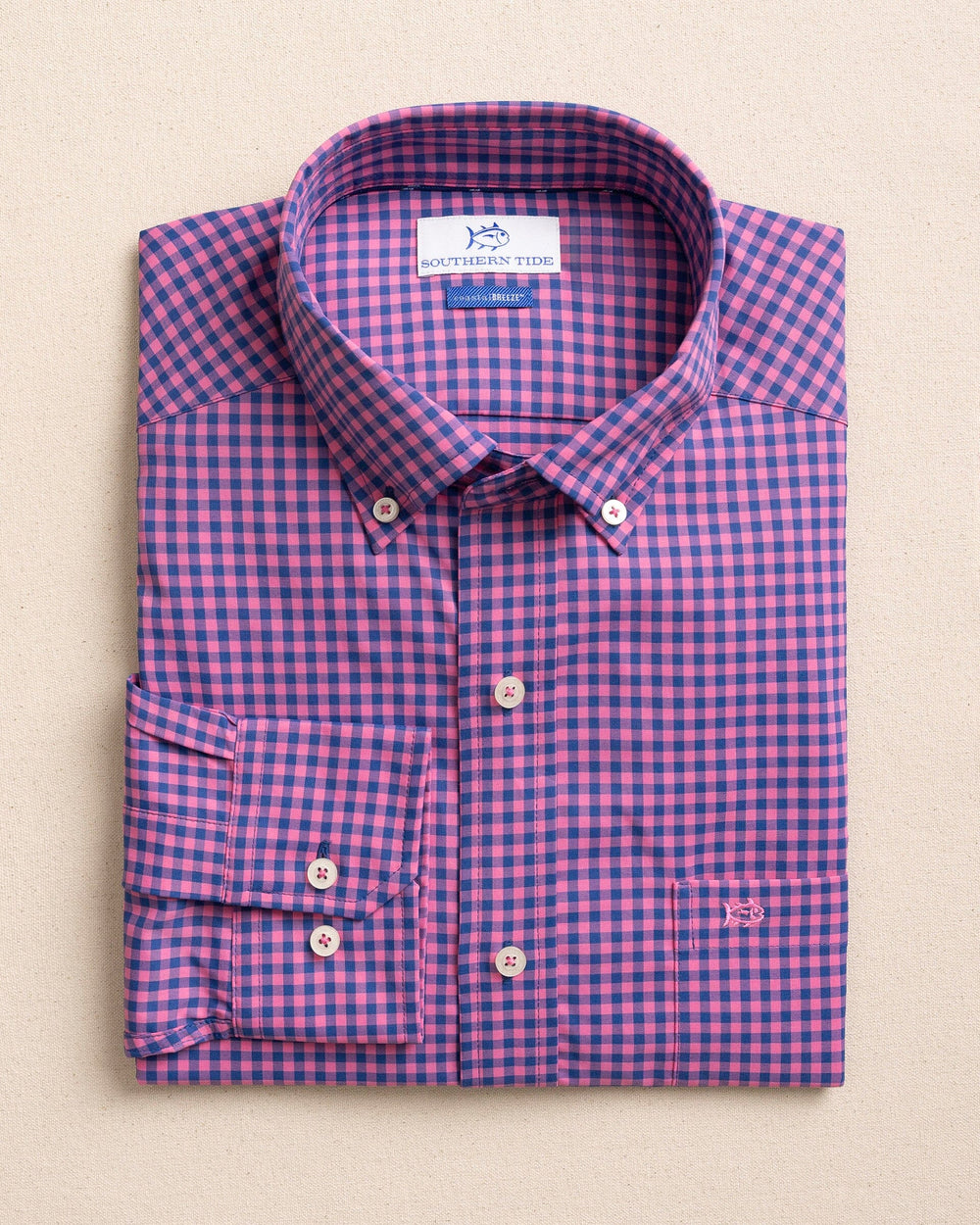 The front view of the Southern Tide Sunset Key Coastal Breeze® Sport Shirt by Southern Tide - Azalea Pink