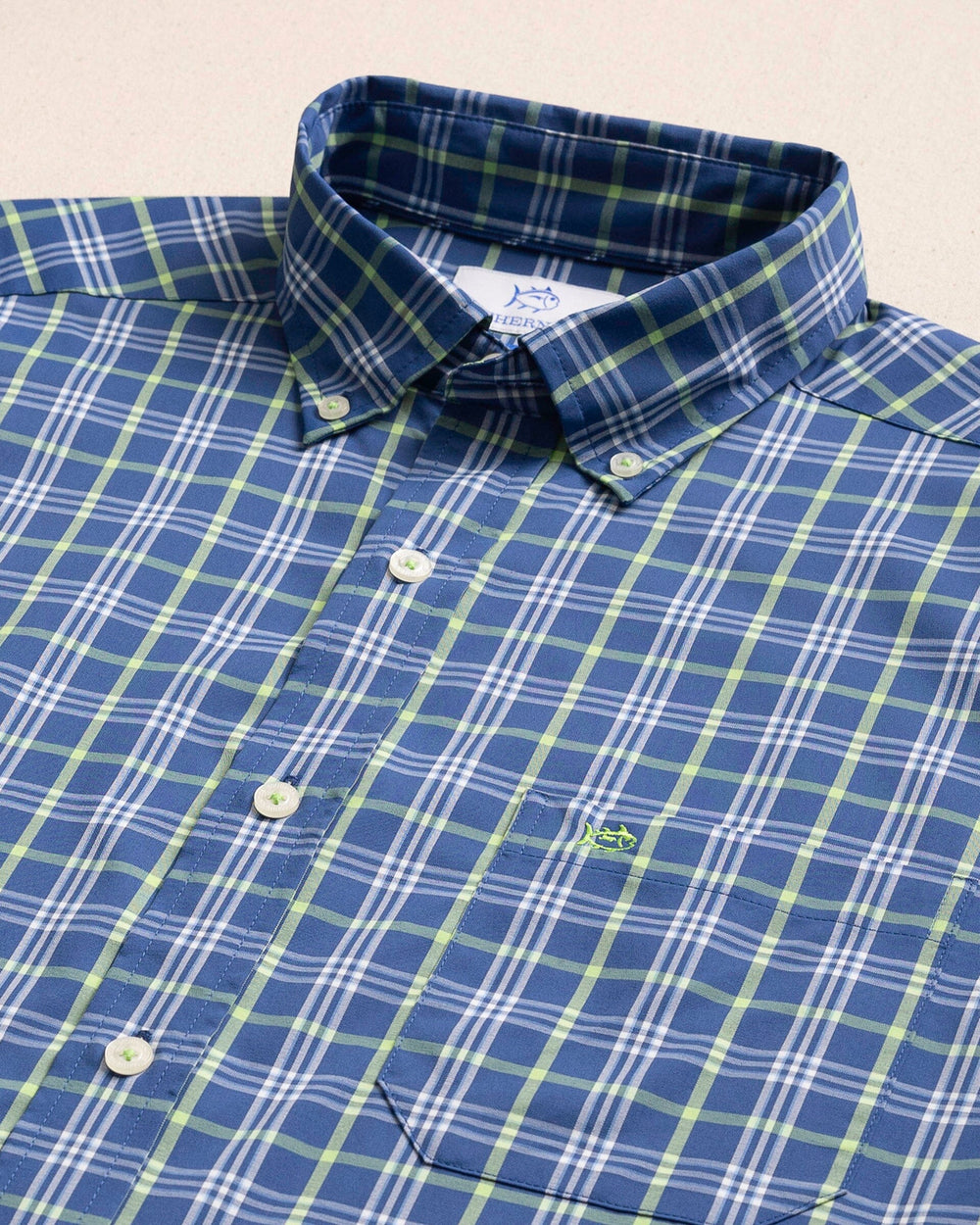 The detail view of the Southern Tide Sunset Shores Coastal Breeze® Sport Shirt by Southern Tide - Nautical Blue