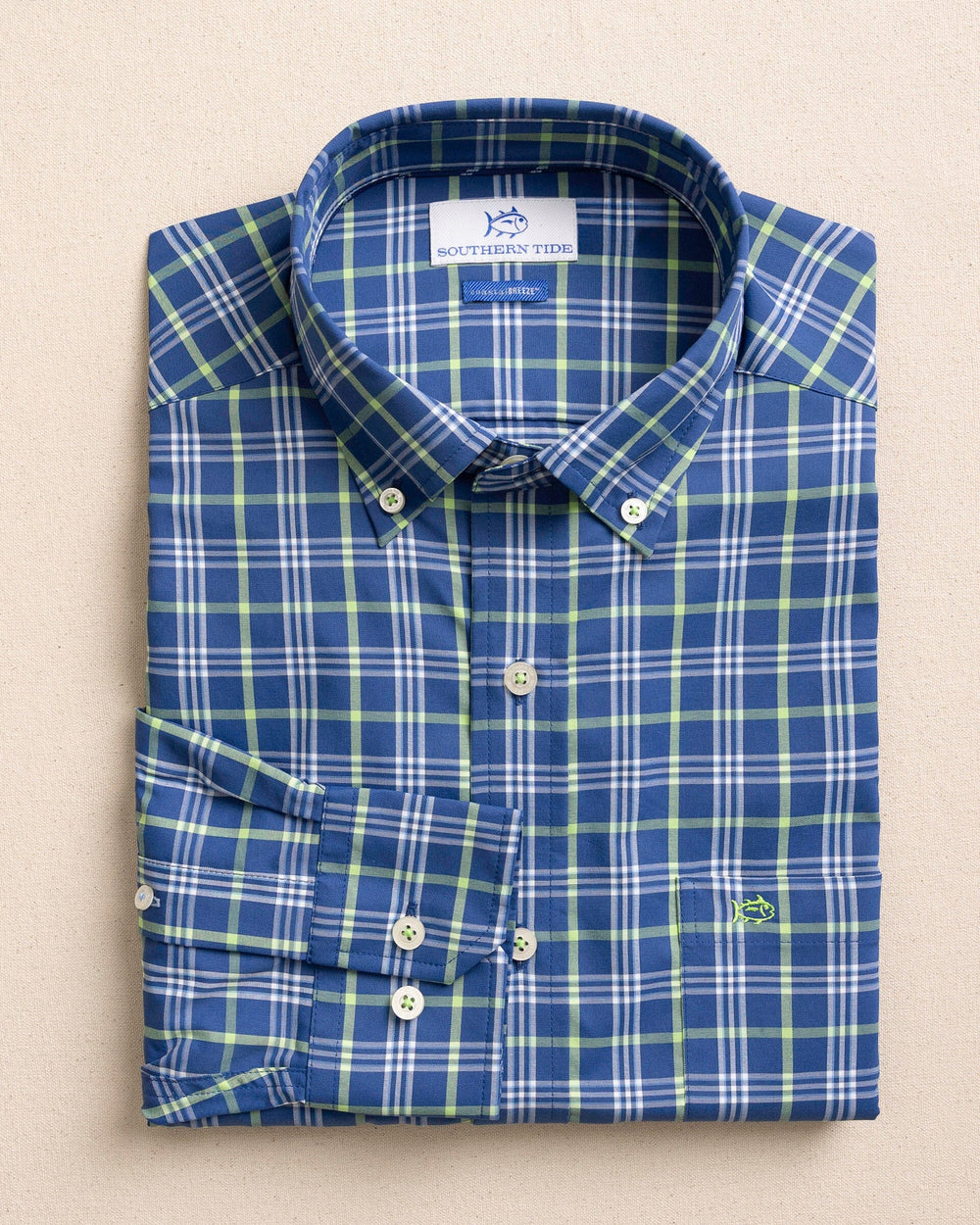 The front view of the Southern Tide Sunset Shores Coastal Breeze® Sport Shirt by Southern Tide - Nautical Blue