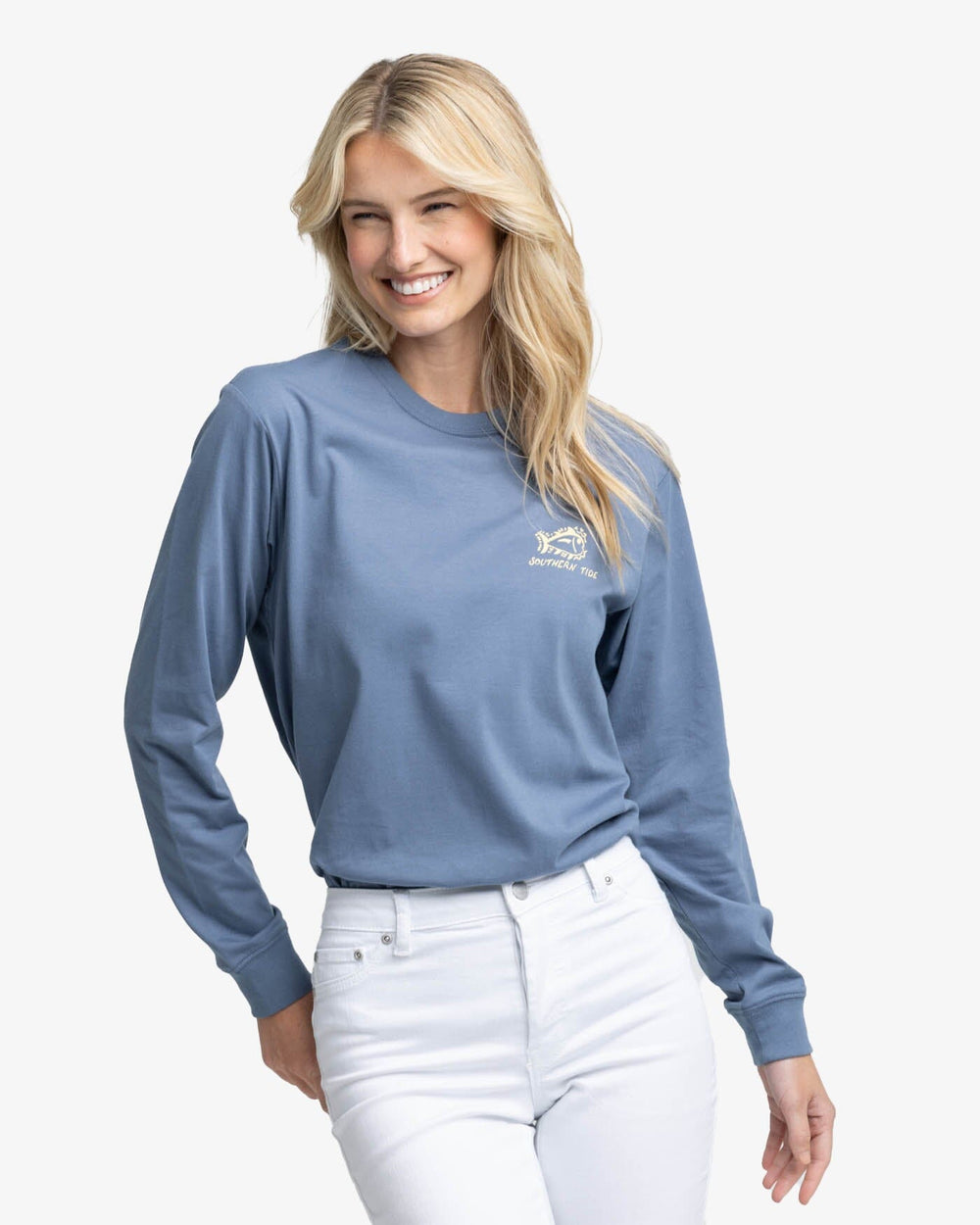 The front view of the Southern Tide Sunset Sippin Long Sleeve T-shirt by Southern Tide - Blue Haze