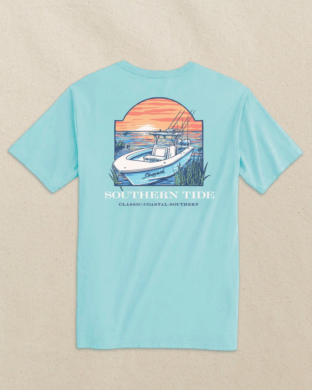 The back view of the Southern Tide Sunset Skipjack Boat Short Sleeve T-Shirt by Southern Tide - Shore Blue