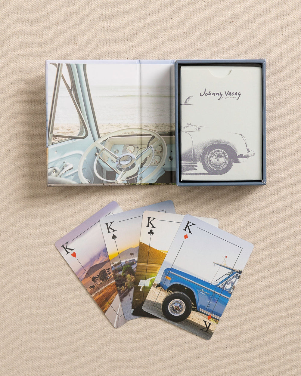 The full view of the Johnny Vacay Surf Rides Playing Cards at Southern Tide - White