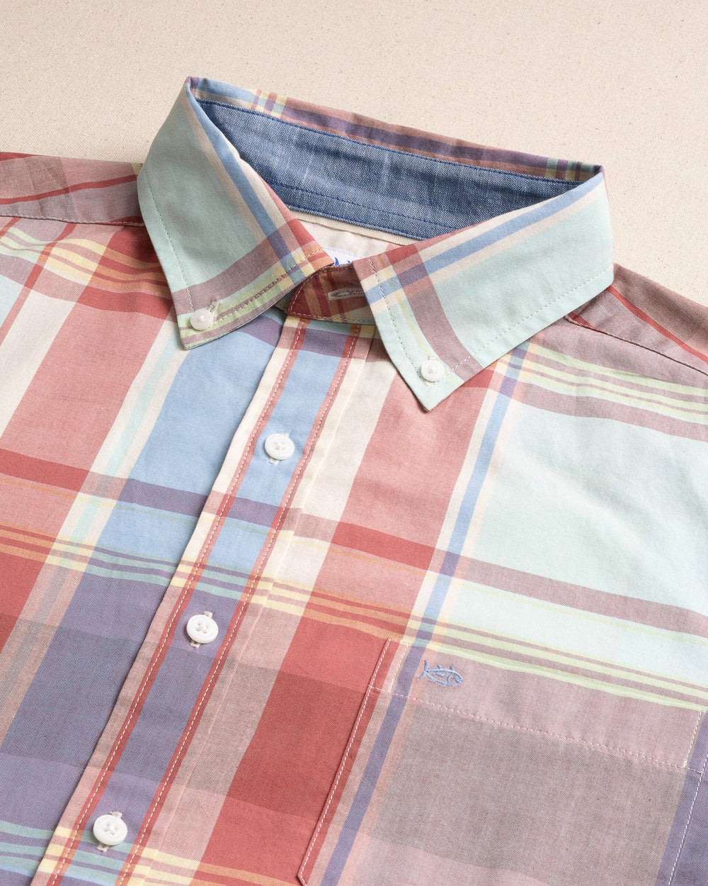 The detail view of the Southern Tide Surfside Madras Sport Shirt by Southern Tide - White Sand