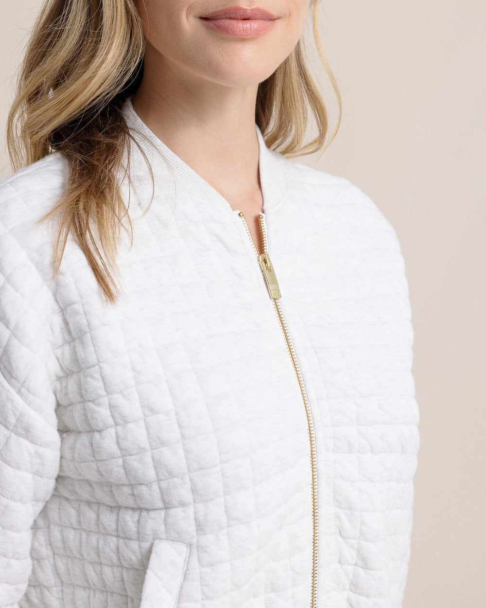 The detail view of the Southern Tide Sutton Quilted Heather Jacket by Southern Tide - Heather Star White