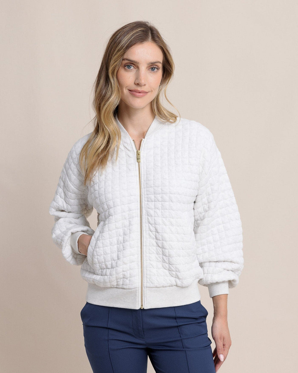 The front view of the Southern Tide Sutton Quilted Heather Jacket by Southern Tide - Heather Star White