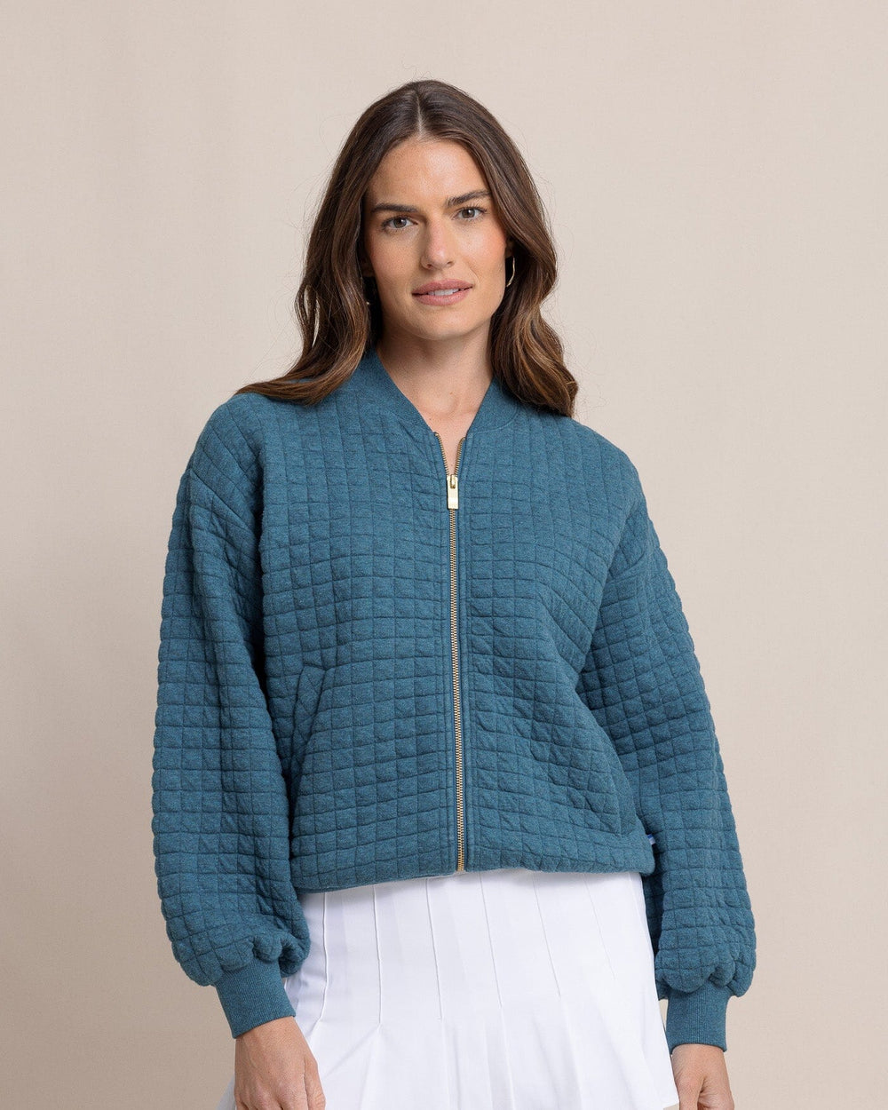 The front view of the Southern Tide Sutton Quilted Heather Jacket by Southern Tide - Heather Teal Haze