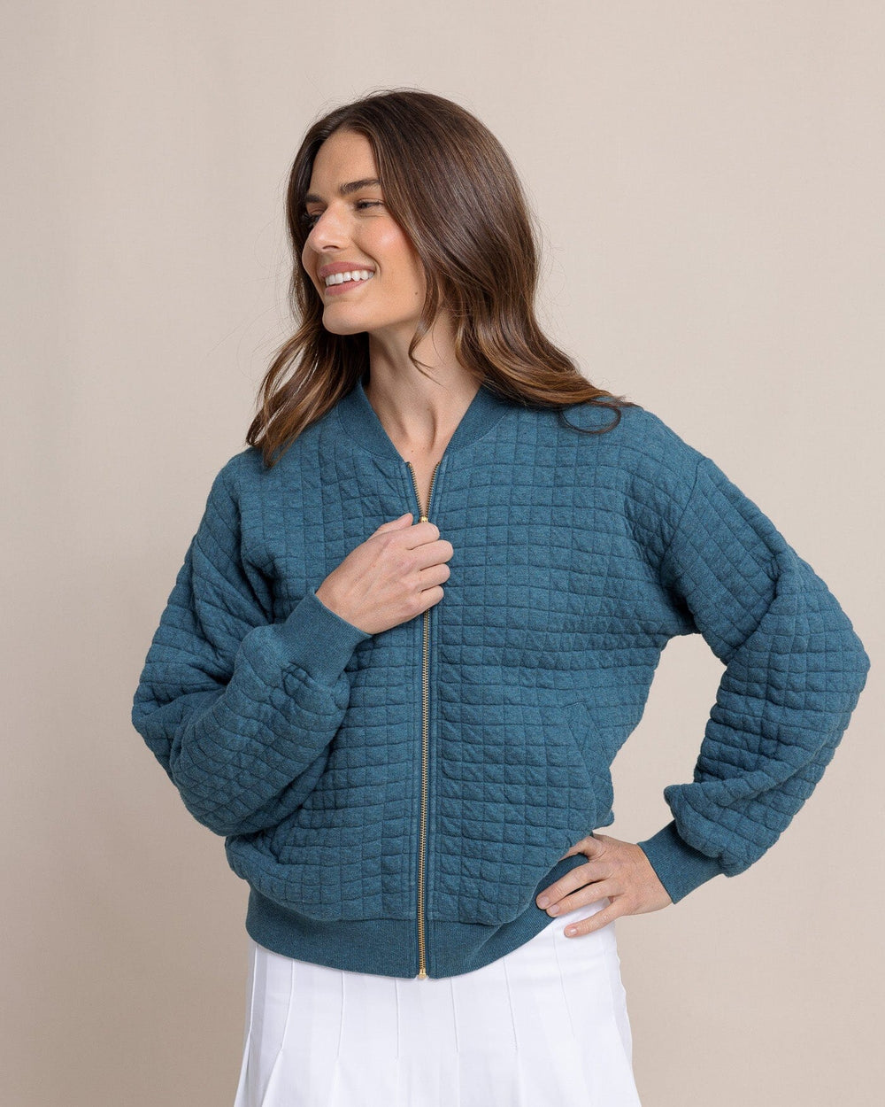 The front view of the Southern Tide Sutton Quilted Heather Jacket by Southern Tide - Heather Teal Haze