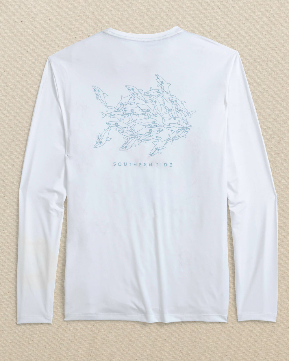 The back view of the Southern Tide Swarming Sharks Long Sleeve Performance T-Shirt by Southern Tide - Classic White