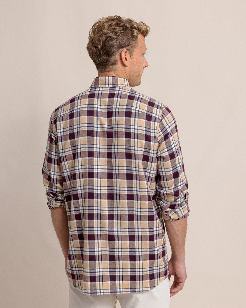 The back view of the Southern Tide Sweetgrass Plaid Beach Flannel Long Sleeve Sport Shirt by Southern Tide - Merlot