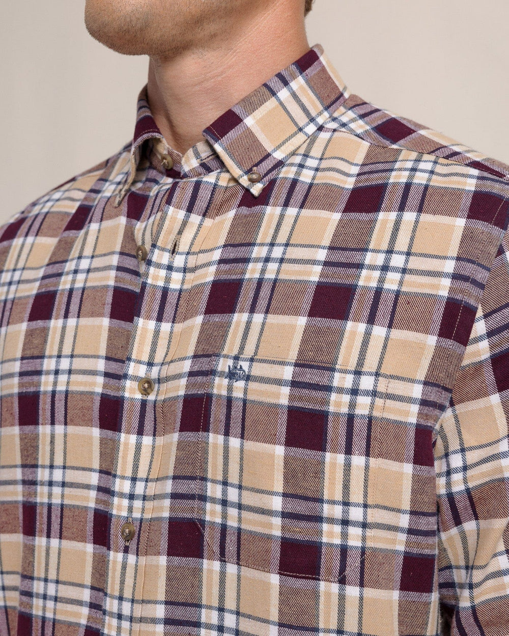 The detail view of the Southern Tide Sweetgrass Plaid Beach Flannel Long Sleeve Sport Shirt by Southern Tide - Merlot