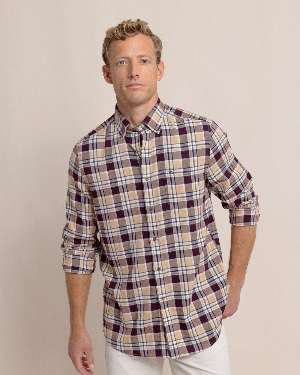 The front view of the Southern Tide Sweetgrass Plaid Beach Flannel Long Sleeve Sport Shirt by Southern Tide - Merlot