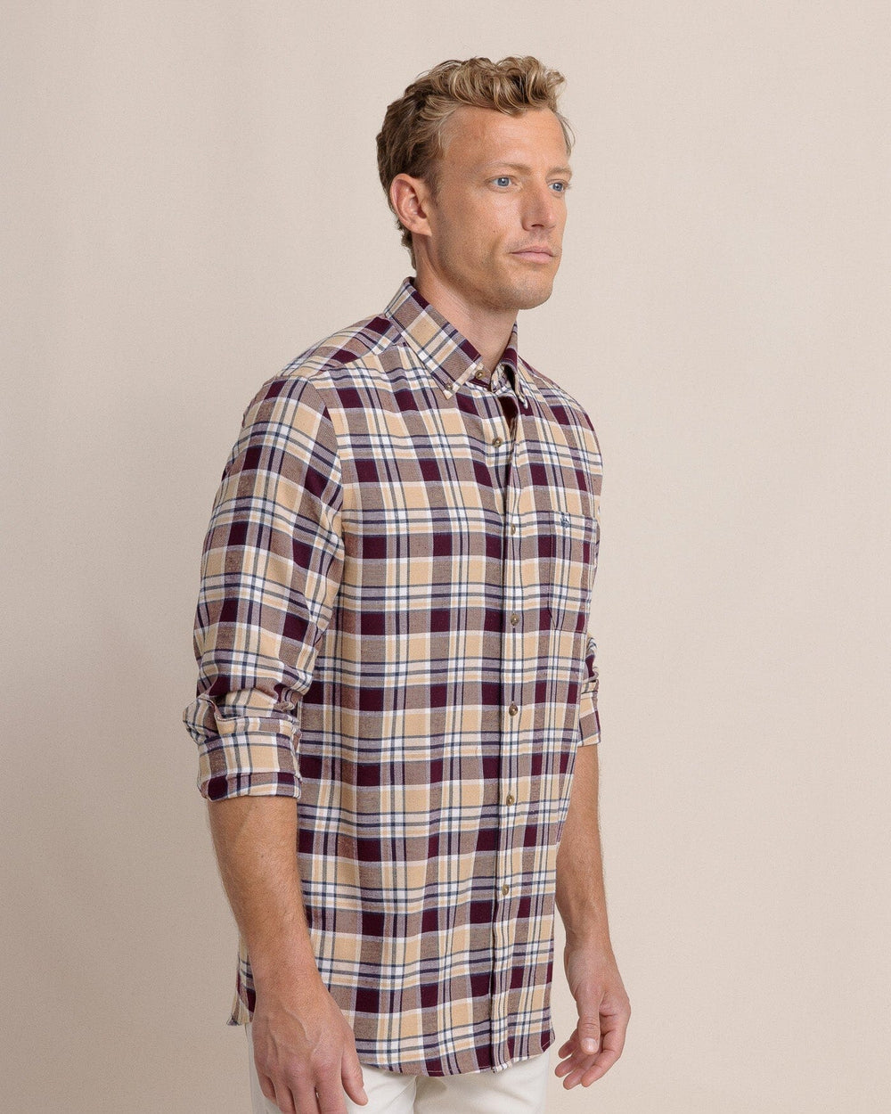 The side view of the Southern Tide Sweetgrass Plaid Beach Flannel Long Sleeve Sport Shirt by Southern Tide - Merlot