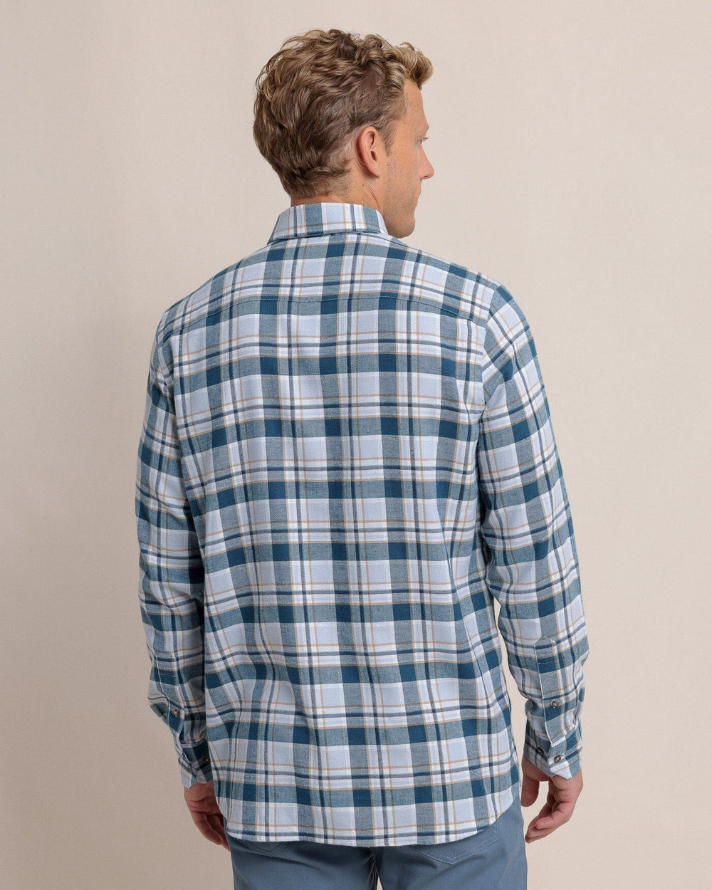 The back view of the Southern Tide Sweetgrass Plaid Beach Flannel Long Sleeve Sport Shirt by Southern Tide - Teal Haze