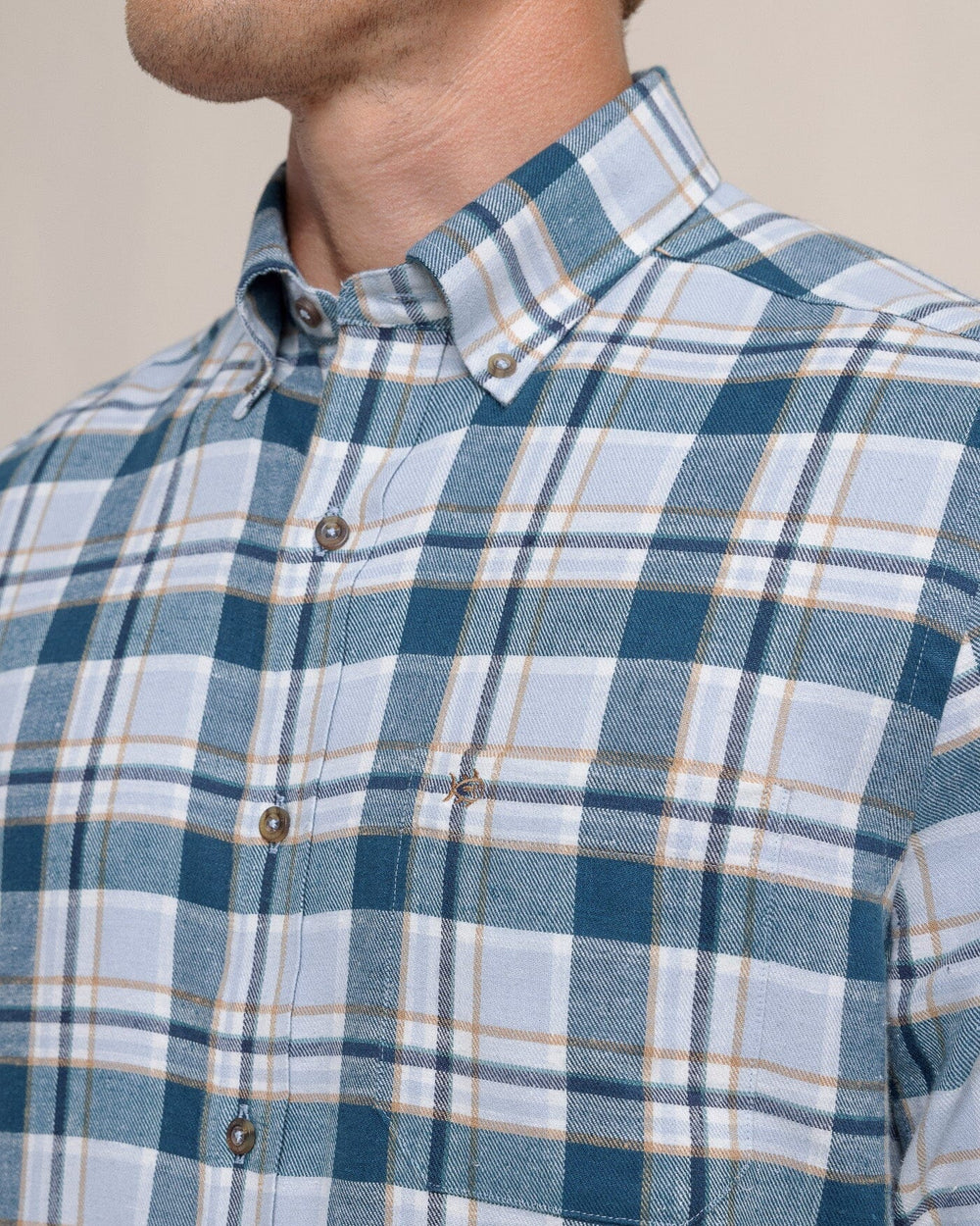 The detail view of the Southern Tide Sweetgrass Plaid Beach Flannel Long Sleeve Sport Shirt by Southern Tide - Teal Haze