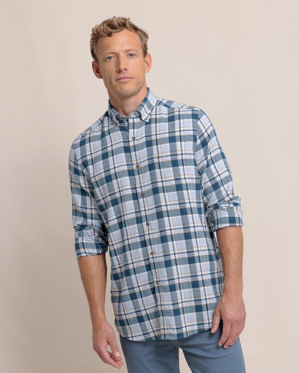 The front view of the Southern Tide Sweetgrass Plaid Beach Flannel Long Sleeve Sport Shirt by Southern Tide - Teal Haze