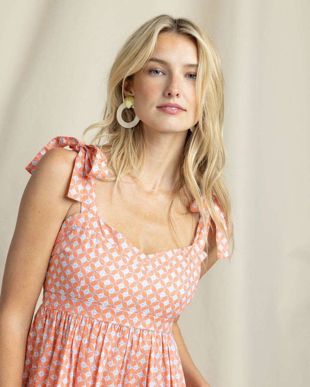 The detail view of the Southern Tide Sylvi Sun Daze Geo Printed Maxi Dress by Southern Tide - Conch Shell