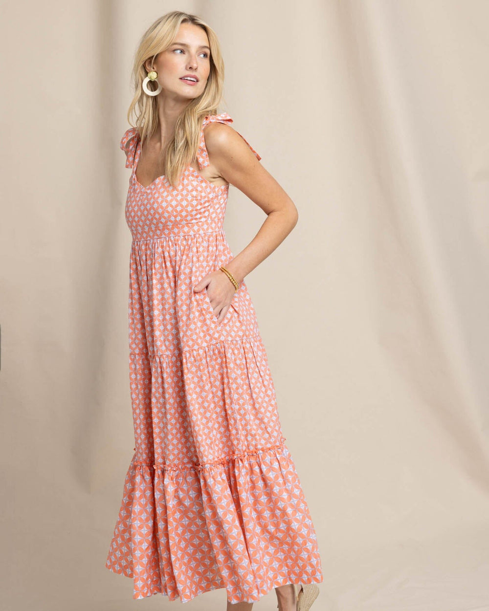 The front view of the Southern Tide Sylvi Sun Daze Geo Printed Maxi Dress by Southern Tide - Conch Shell
