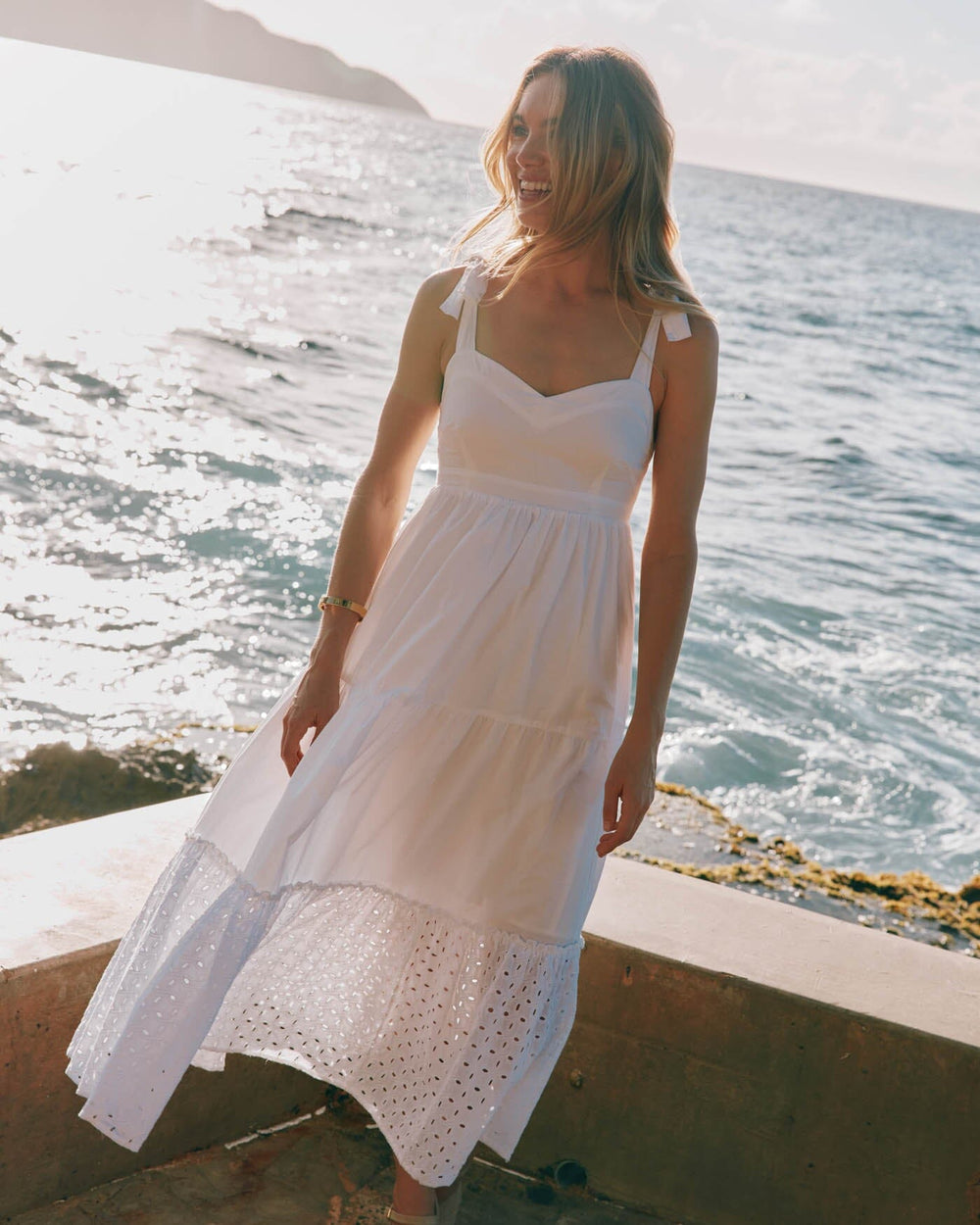 The front view of the Southern Tide Sylvie with Eyelet Maxi Dress by Southern Tide - Classic White