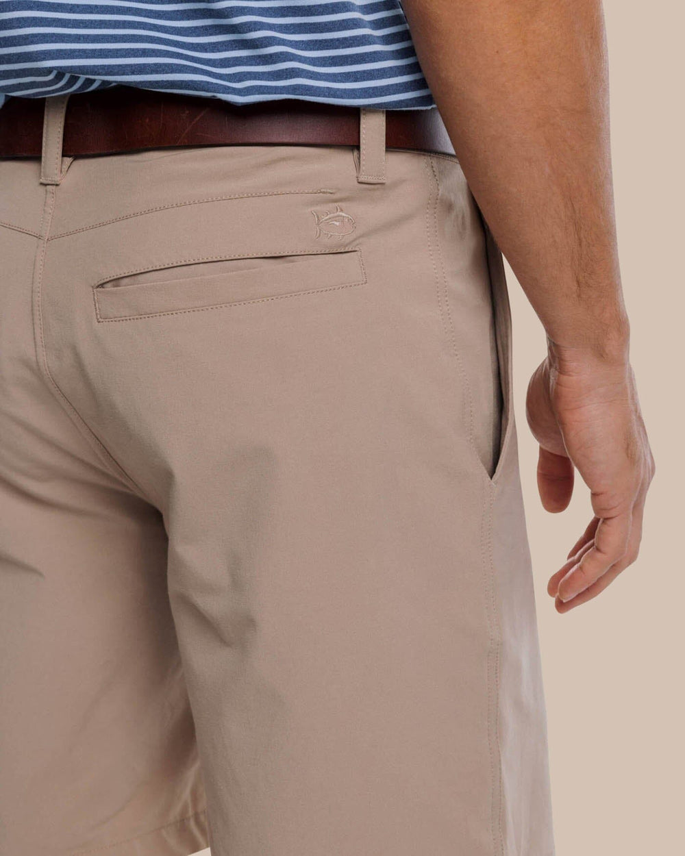 The detail view of the Southern Tide T3 Gulf 9 Inch Performance Short by Southern Tide - Sandstone Khaki