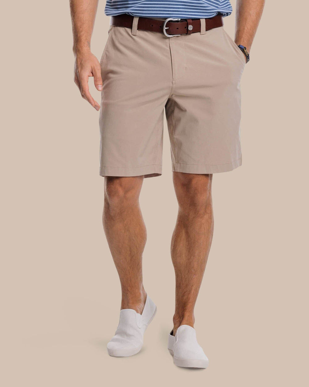 The front view of the Southern Tide T3 Gulf 9 Inch Performance Short by Southern Tide - Sandstone Khaki