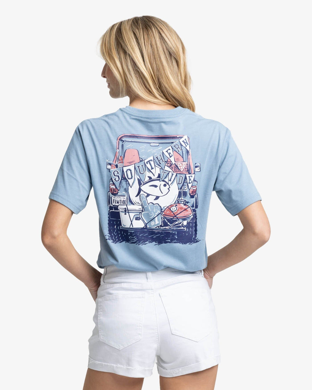 The back view of the Southern Tide Tailgate Ready Heather Short Sleeve T-Shirt by Southern Tide - Heather Blue Shadow