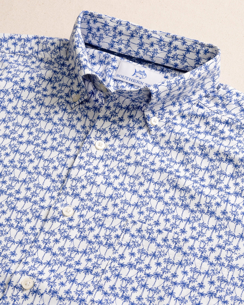 The detail view of the Southern Tide Talk To The Palm Intercoastal Short Sleeve Sport Shirt by Southern Tide - Classic White