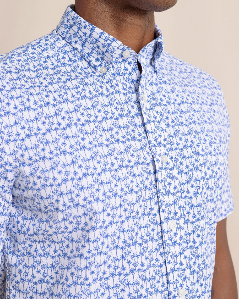 The front detail view of the Southern Tide Talk To The Palm Intercoastal Short Sleeve Sport Shirt by Southern Tide - Classic White