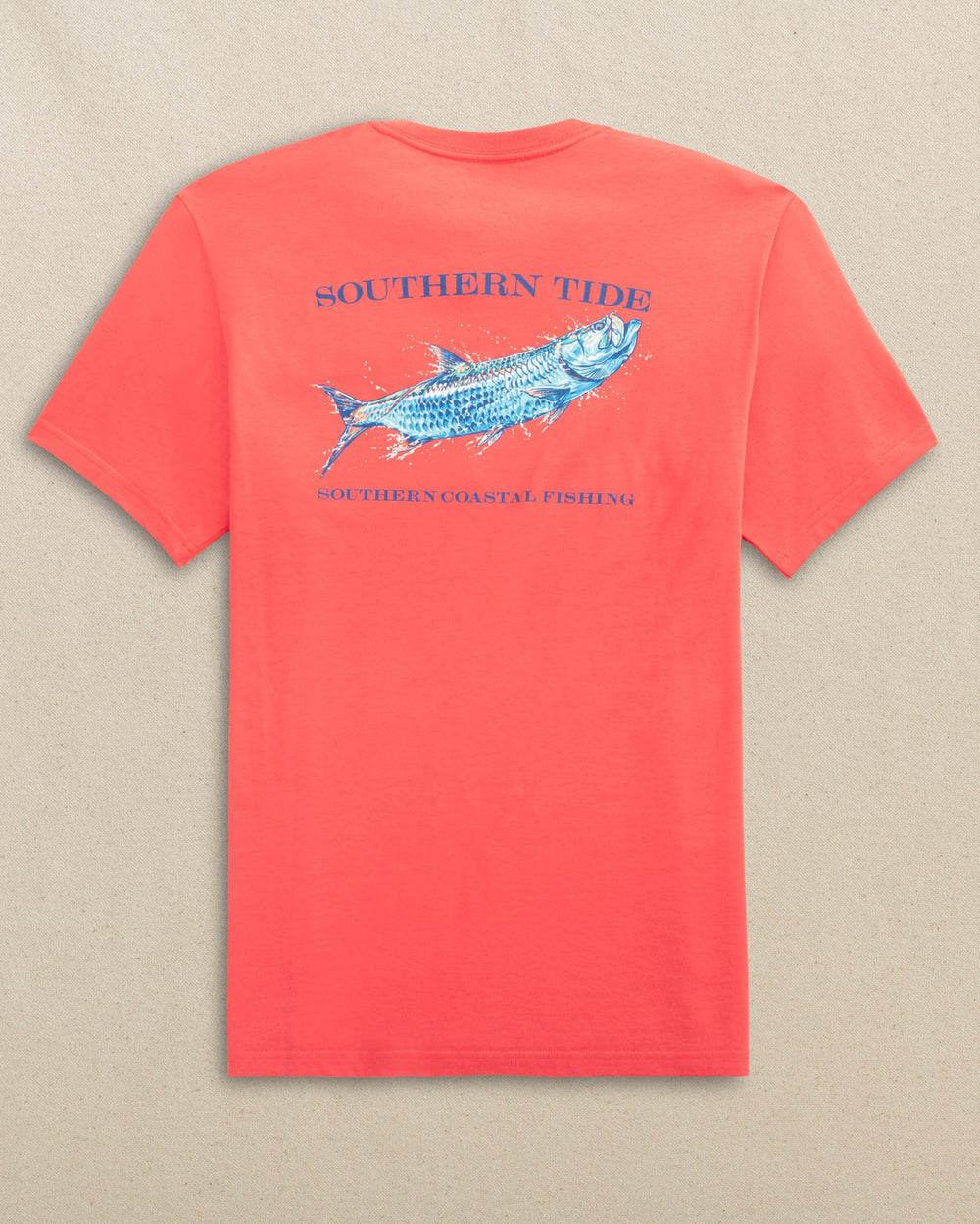 The back view of the Southern Tide Tarpon Southern Coastal Fishing Short Sleeve T-Shirt by Southern Tide - Sunset Coral