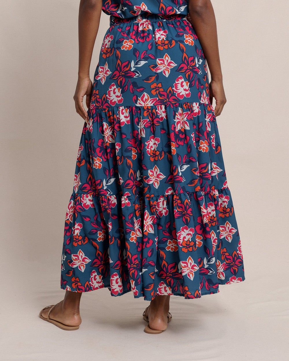 The back view of the Southern Tide Taytum Aster Bouquet Maxi Skirt by Southern Tide - Teal Haze