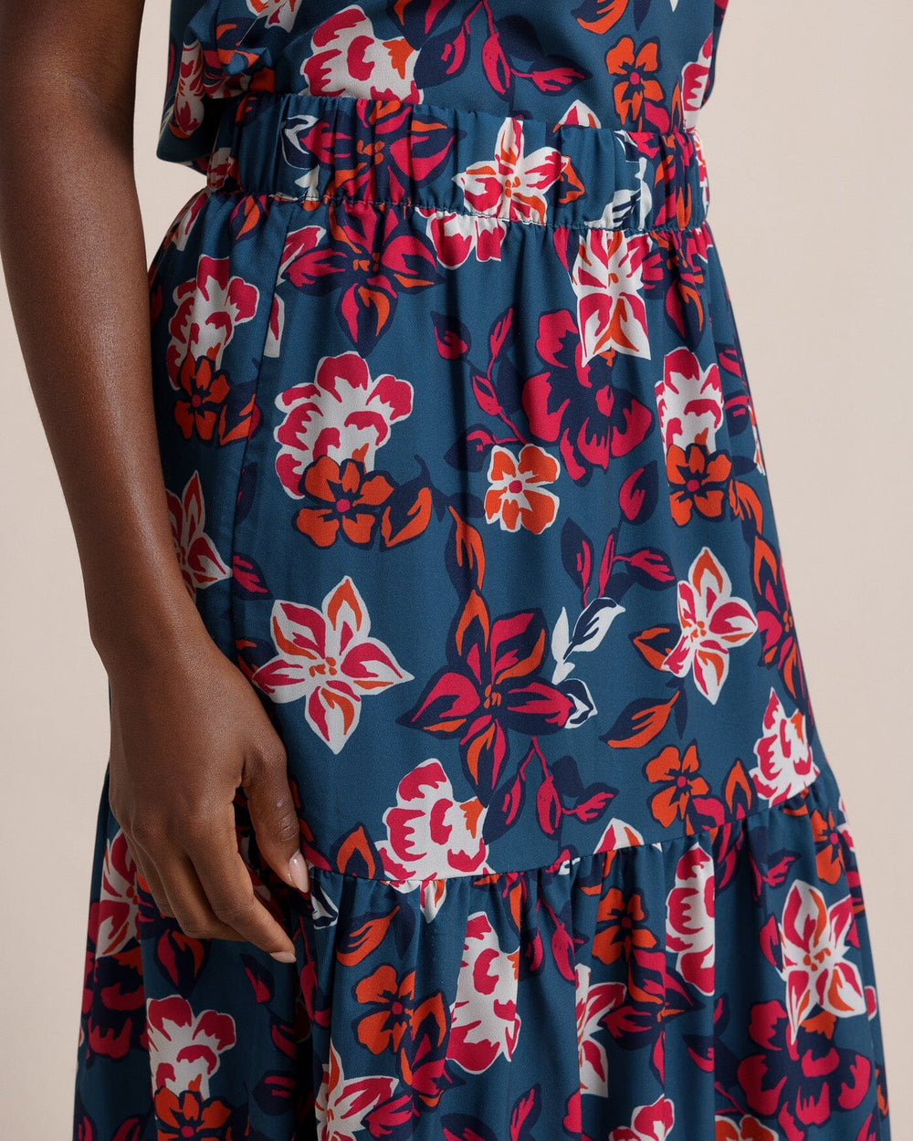 The detail view of the Southern Tide Taytum Aster Bouquet Maxi Skirt by Southern Tide - Teal Haze