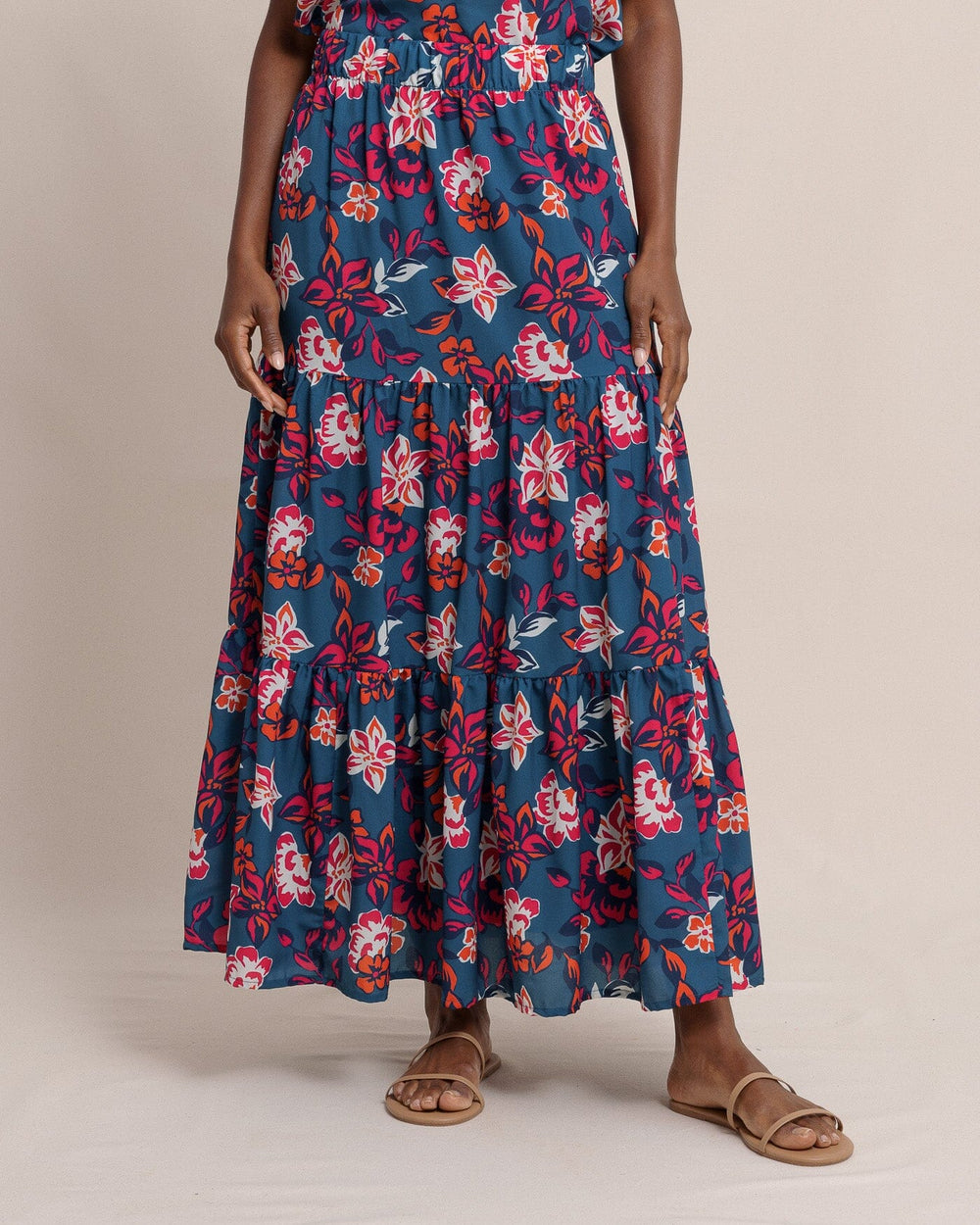 The front view of the Southern Tide Taytum Aster Bouquet Maxi Skirt by Southern Tide - Teal Haze