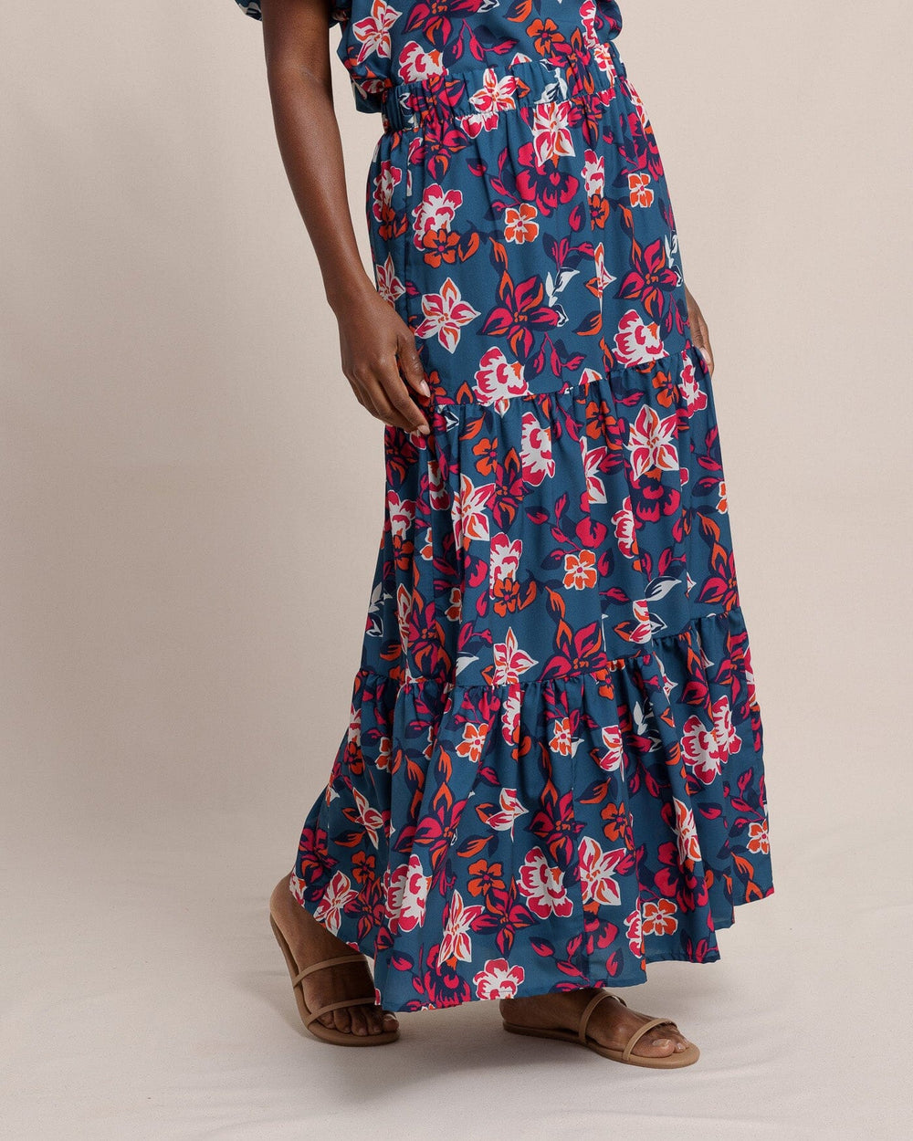 The side view of the Southern Tide Taytum Aster Bouquet Maxi Skirt by Southern Tide - Teal Haze